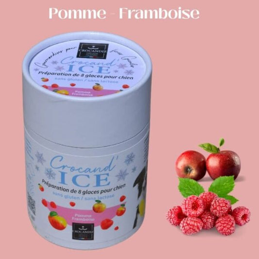 Tube de préparation de glace bio pour chien saveur pomme et framboise, fabriqué en France par Crocandiz.