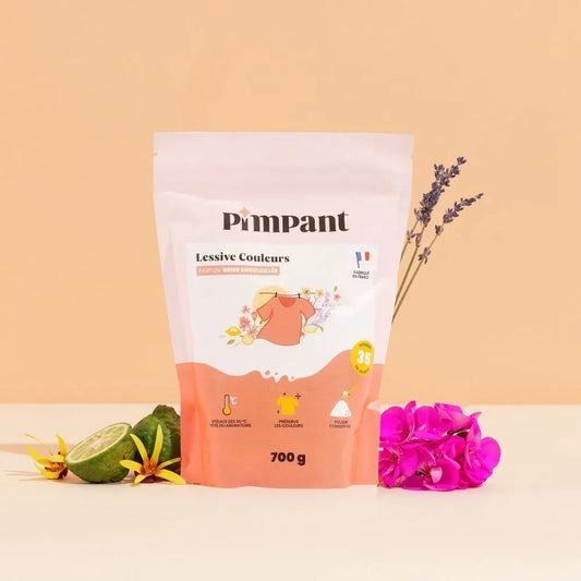 Éco-recharge de lessive couleurs en poudre Pimpant, 700g pour 35 lavages. Parfum brise ensoleillée, préserve l'éclat des vêtements, boutique KAVERN.