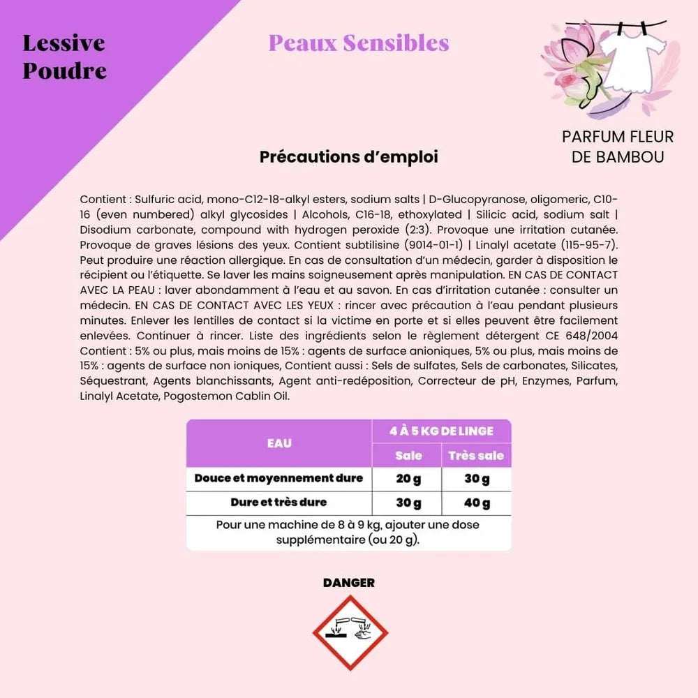Tableau de dosage et précautions d'emploi de la lessive poudre Pimpant spéciale peaux sensibles. Formule saine fabriquée en France pour toute la famille.