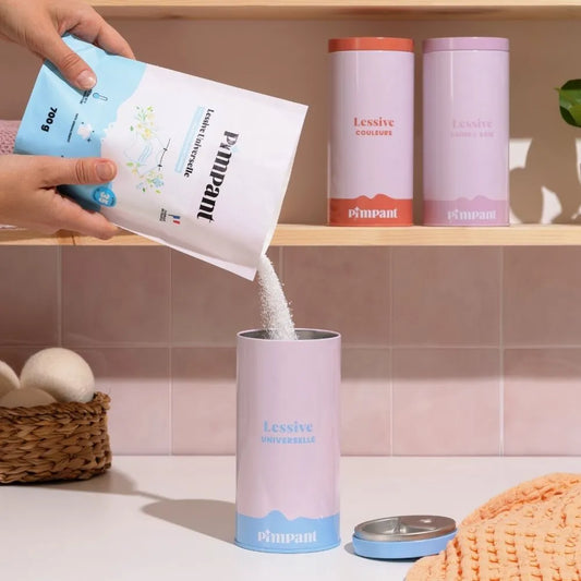 Précautions d'emploi et tableau de dosage de la lessive universelle Pimpant fabriquée en France. Un soin du linge efficace et naturel.