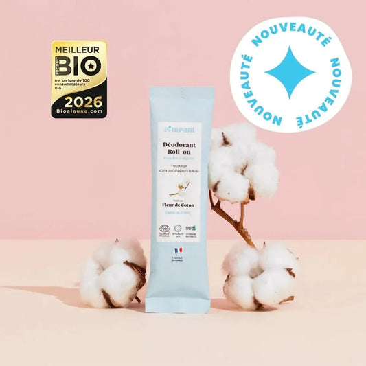 Nouveauté : Sachet éco-recharge de déodorant roll-on en poudre Fleur de Coton Pimpant, élu Meilleur Produit Bio 2026, pour créer 50 ml de soin, KAVERN.