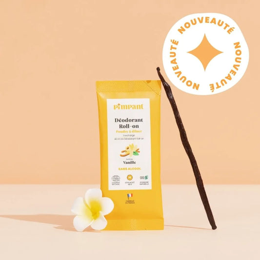 Nouveauté : Sachet éco-recharge de déodorant roll-on en poudre à la Vanille de la marque Pimpant, pour créer 50 ml de déodorant, boutique KAVERN.