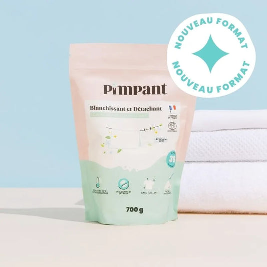 Éco-recharge de poudre détachante et blanchissante Pimpant, 700g pour environ 35 doses. Formule à l'oxygène actif certifiée Écodétergent.