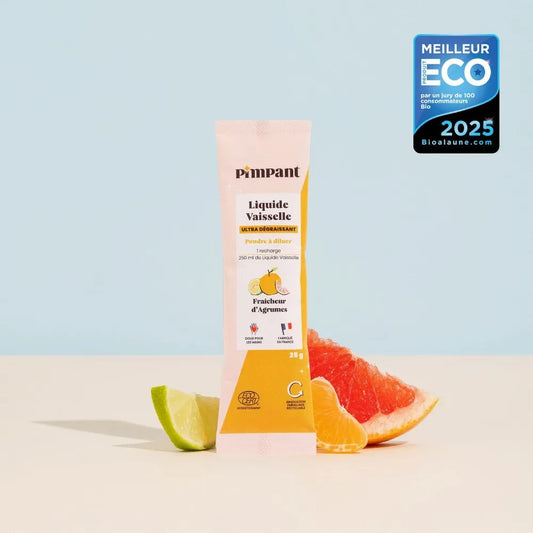 Sachet éco-recharge de liquide vaisselle en poudre Pimpant Zeste d'Agrumes, 25g pour créer 250 ml de produit nettoyant, boutique KAVERN.