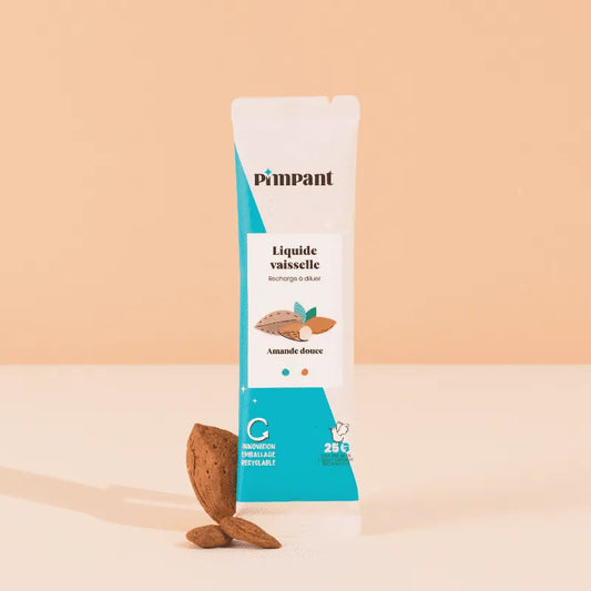 Sachet éco-recharge de liquide vaisselle en poudre Pimpant Douceur d'Amande, 25g pour créer 250 ml de produit dégraissant, boutique KAVERN.