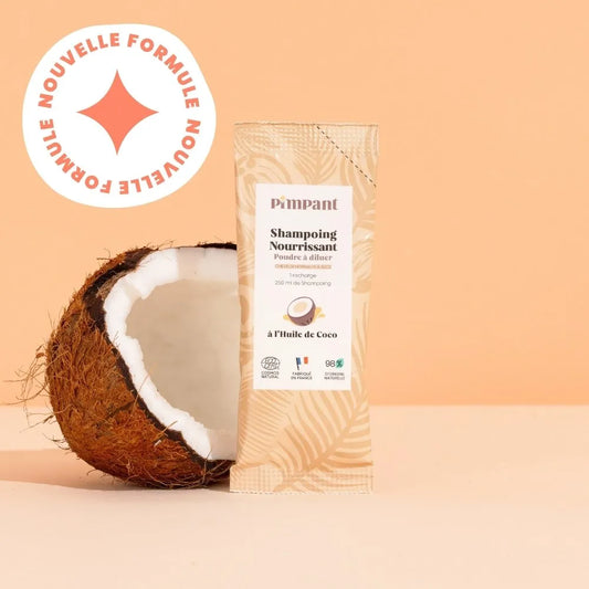 Sachet éco-recharge de shampoing nourrissant en poudre à l'huile de coco (Nouvelle Formule) de Pimpant, pour créer 250 ml de soin, KAVERN.