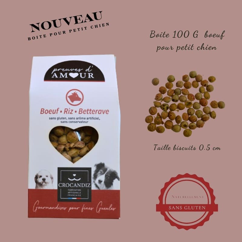 Détails de la recette originale Crocandiz : filet de bœuf origine France, riz bio et betterave riche en fer.