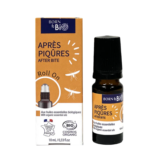 Flacon roll-on 10ml et étui du Soin Après Piqûres certifié Bio par Born to Bio. Aux huiles essentielles apaisantes. Fabriqué à Vichy. Boutique KAVERN.
