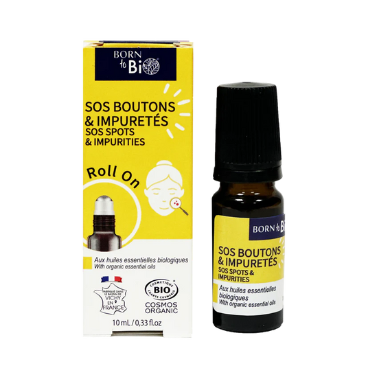 Flacon roll-on 10ml et étui jaune du Soin SOS Boutons et Impuretés certifié Bio par Born to Bio. Aux huiles essentielles purifiantes. Fabriqué à Vichy. Boutique KAVERN.