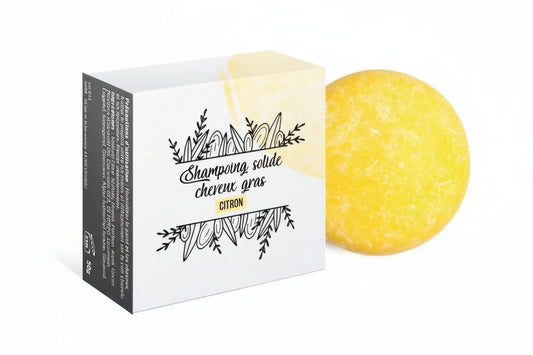 Shampoing solide naturel KAVERN au citron pour cheveux gras. Soin lavant purifiant et astringent pour réguler le sébum et espacer les lavages.