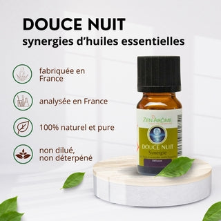 Caractéristiques de la synergie Douce Nuit : fabriquée et analysée en France, 100% naturelle, pure et non diluée.