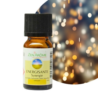 Flacon de 10 ml de synergie d'huiles essentielles Énergisante de Zen'Arôme sur un fond lumineux et pétillant, boutique KAVERN.