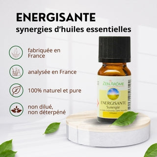 Caractéristiques de la synergie Énergisante : fabriquée et analysée en France, 100% naturelle, pure et non diluée.
