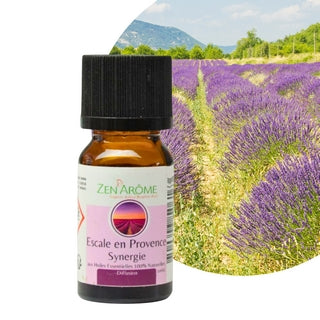 Flacon de 10 ml de synergie d'huiles essentielles Escale en Provence de Zen'Arôme sur fond abstrait évoquant le soleil et la lavande, boutique KAVERN.