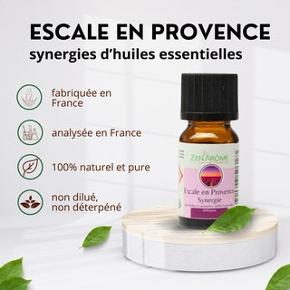 Caractéristiques de la synergie Escale en Provence : fabriquée et analysée en France, 100% naturelle, pure et non diluée.