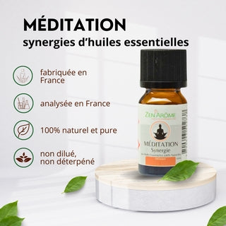 Caractéristiques de la synergie Méditation : fabriquée et analysée en France, 100% naturelle, pure et non diluée.
