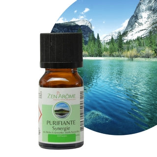Flacon 10 ml de synergie d'huiles essentielles Purifiante de Zen'Arôme sur un fond de lac et de montagne évoquant l'air pur, boutique KAVERN.