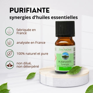 Caractéristiques de la synergie Purifiante : fabriquée et analysée en France, 100% naturelle, pure et non diluée.