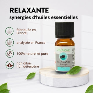 Caractéristiques de la synergie Relaxante : fabriquée et analysée en France, 100% naturelle, pure et non diluée.