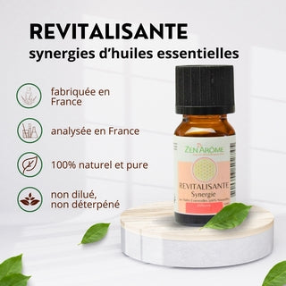 Caractéristiques de la synergie Revitalisante : fabriquée et analysée en France, 100% naturelle, pure et non diluée.
