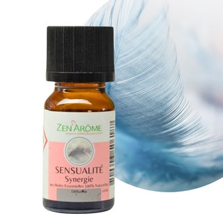 Flacon de 10 ml de synergie d'huiles essentielles Sensualité de Zen'Arôme avec une plume bleue douce en arrière-plan, boutique KAVERN.