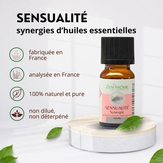 Caractéristiques de la synergie Sensualité : fabriquée et analysée en France, 100% naturelle, pure et non diluée.