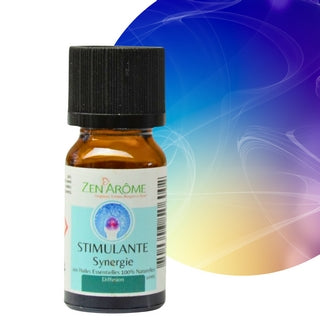 Flacon de 10 ml de synergie d'huiles essentielles Stimulante de Zen'Arôme sur un fond bleu et jaune énergisant, boutique KAVERN.