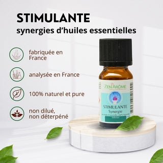 Caractéristiques de la synergie Stimulante : fabriquée et analysée en France, 100% naturelle, pure et non diluée.