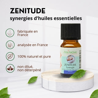 Caractéristiques de la synergie Zenitude : fabriquée et analysée en France, 100% naturelle, pure et non diluée.