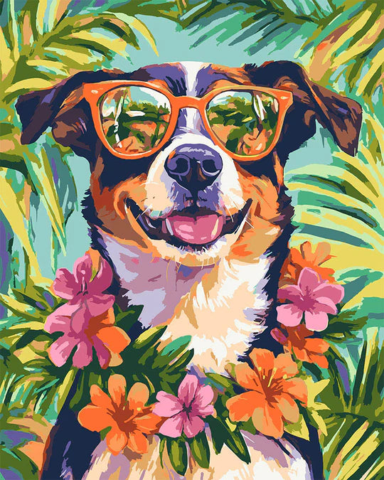 Illustration détaillée de l'œuvre "Chien en vacances". Un adorable toutou en plein road-trip estival à peindre soi-même.